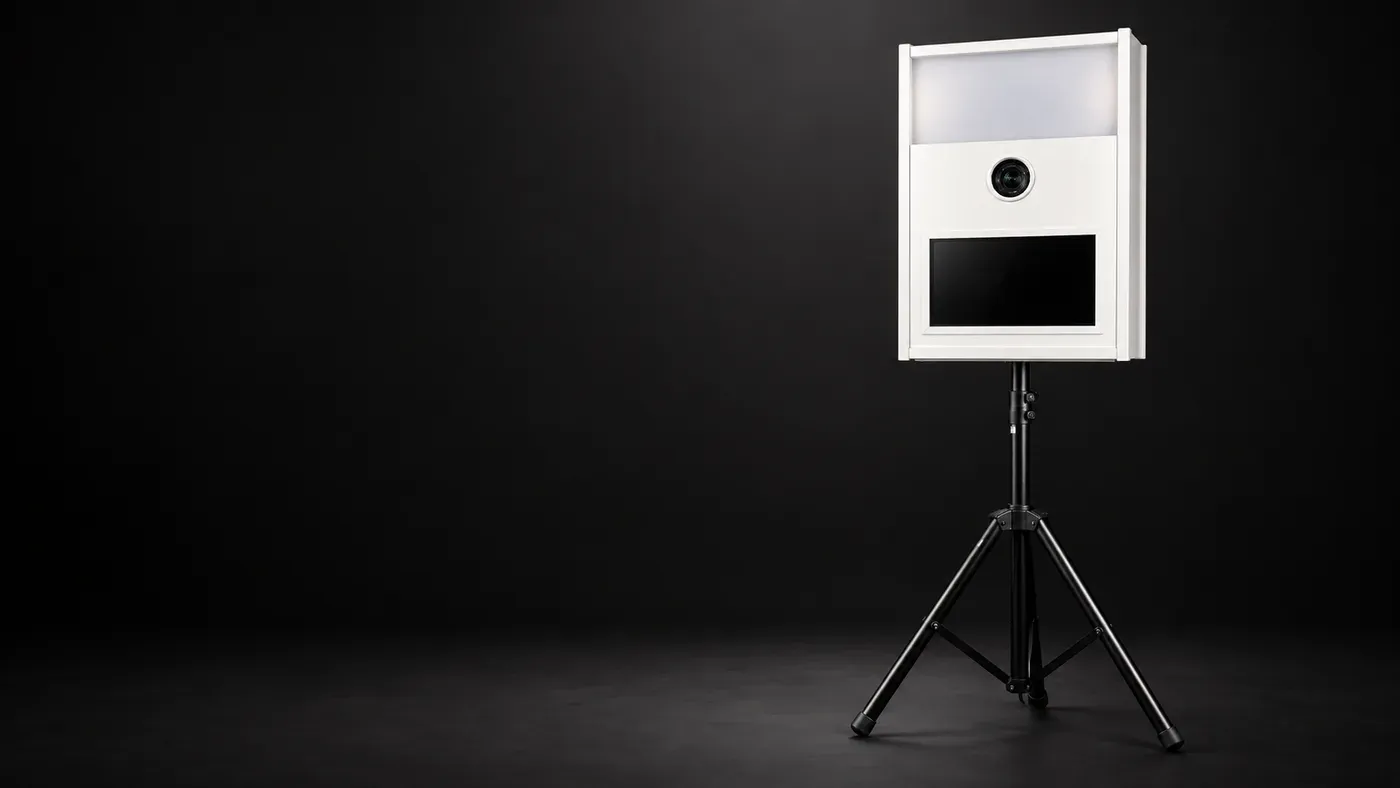 Weiße Fotobox auf Stativ vor dunklem Hintergrund