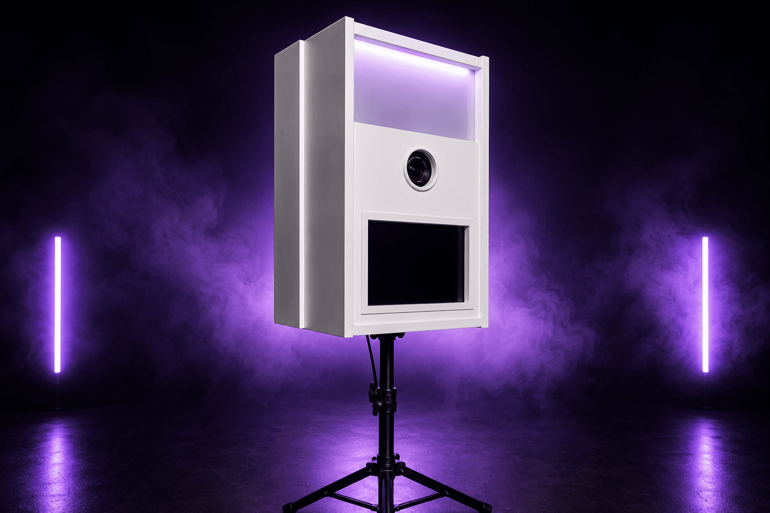 Weiße Premium Fotobox von DieFotoboxen.de fertig aufgebaut für Hochzeit, Firmenfeier und Geburtstag