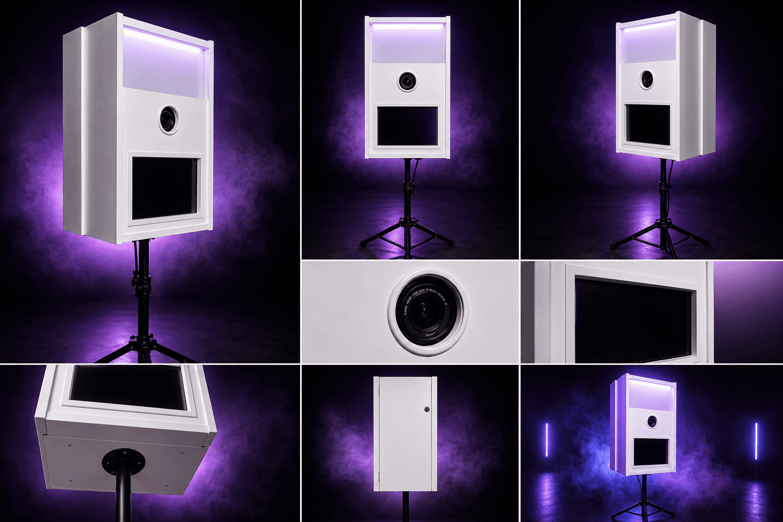 Weiße Premium Fotobox als Detailcollage mit Front, Seite, Kamera, Display und Rückseite